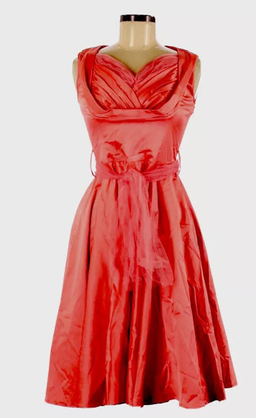 TRASHY DIVA Honey Dress Pinup Retro 1950s ORANGE Satin + Tulle & Tie Belt XS S